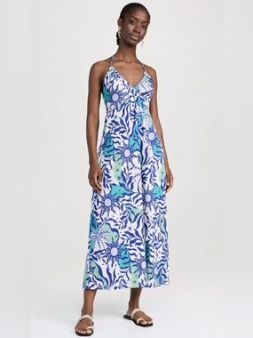 Xirena Blue & Aqua Floral Halter Maxi Dress, size Medium